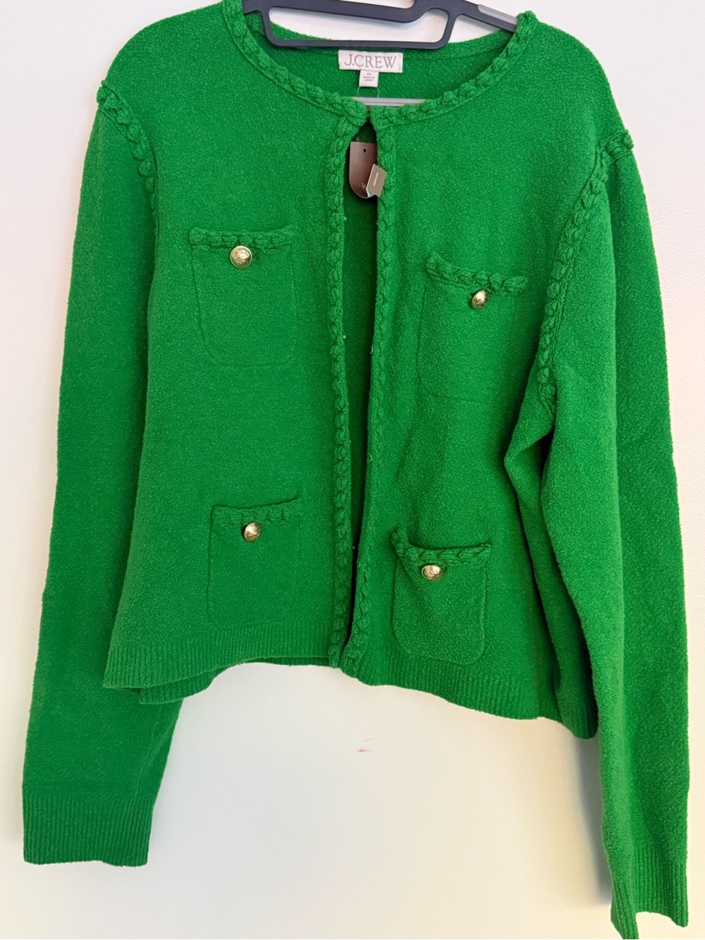 J. Crew Bright Green Braided-Trim Pocket Cardigan